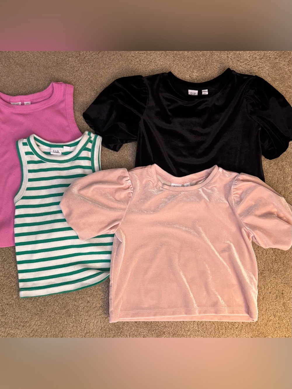 GAP Kids Velvet Puff-Sleeve Tops Black Pink. Tank tops pink white/green-BUNDLE